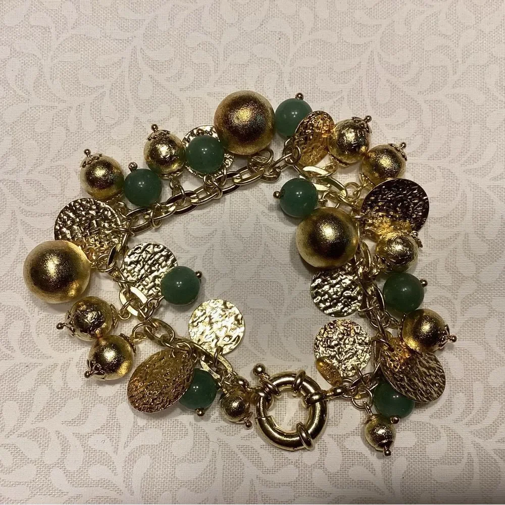 Goldtone Giant Spring Ring Gold and Green Charms Bracelet